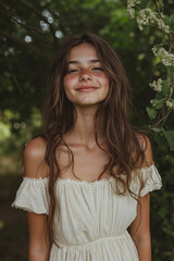 Naklejka premium A young woman in a white dress standing in front of a tree