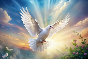 Obraz premium Graceful White Dove in Flight: A Symbol of Peace and Tranquility Captured in Soft Watercolor Details with Delicate Wings for Serene and Inspirational Imagery