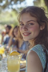 Fototapeta premium A woman sits at a table with a refreshing glass of lemonade, perfect for a warm day
