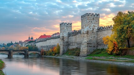 Fototapeta premium A historic stone wall and towers border a river in a city with a bridge in the foreground, and a colorful sunset sky.