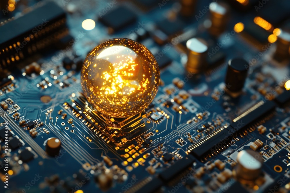 Aufkleber A close-up shot of a light bulb sitting on a computer motherboard, suitable for use in technology and electronics illustrations