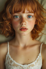 Fototapeta premium A young girl with red hair and blue eyes laying on a bed