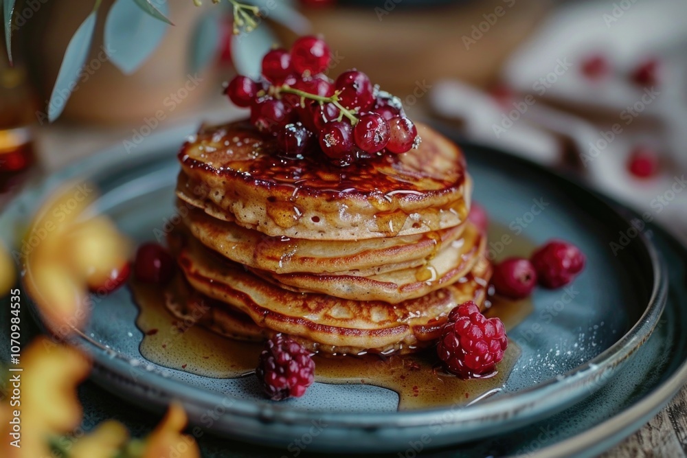 Poster A plate filled with a stack of fluffy pancakes, drizzled with sweet syrup and topped with fresh berries