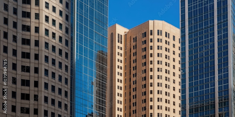 Poster a cityscape featuring multiple skyscrapers and urban architecture