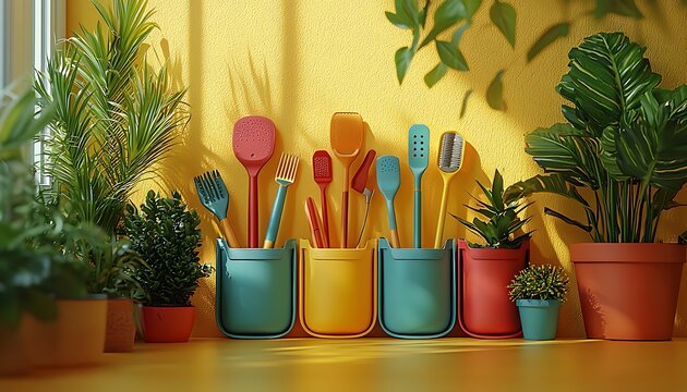 3D mockup a multicolored garden tool organizer on a pastel yellow background, showcasing gardening accessories