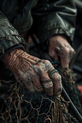 Experienced Fishermans Hands Repairing Net in Busy Dock Scene Maritime Work and Tradition