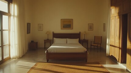 Fototapeta premium A serene bedroom with a wooden bed, natural light, and minimalistic decor.