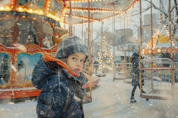 Fototapeta premium Curious child in fluffy scarf, exploring snow-covered rides at a winter park