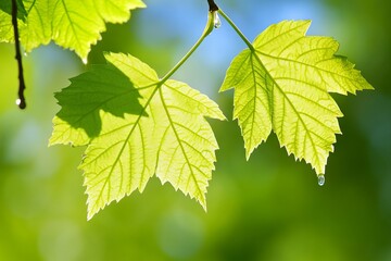 A leaf is shown in the sunlight, with water droplets on it