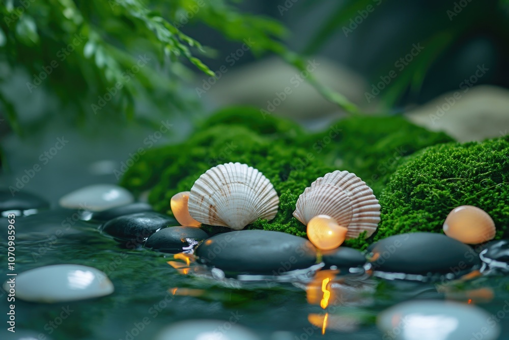 Poster A close-up shot of rocks and shells on the surface of the water, perfect for use in nature-inspired designs or as a background element