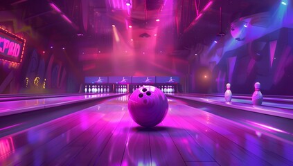 Vibrant neon-lit bowling balls on a polished lane in a modern bowling alley, creating a fun atmosphere with LED lighting.