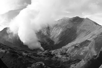Close up view of mount Bromo in Surabaya, Indonesia in black and white