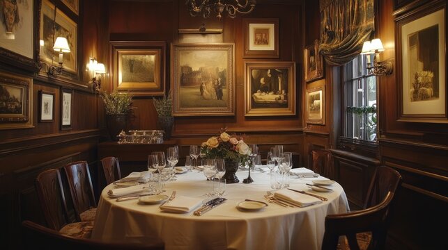 A private dining room with a round table set for six, surrounded by dark wood walls and adorned with framed artwork.