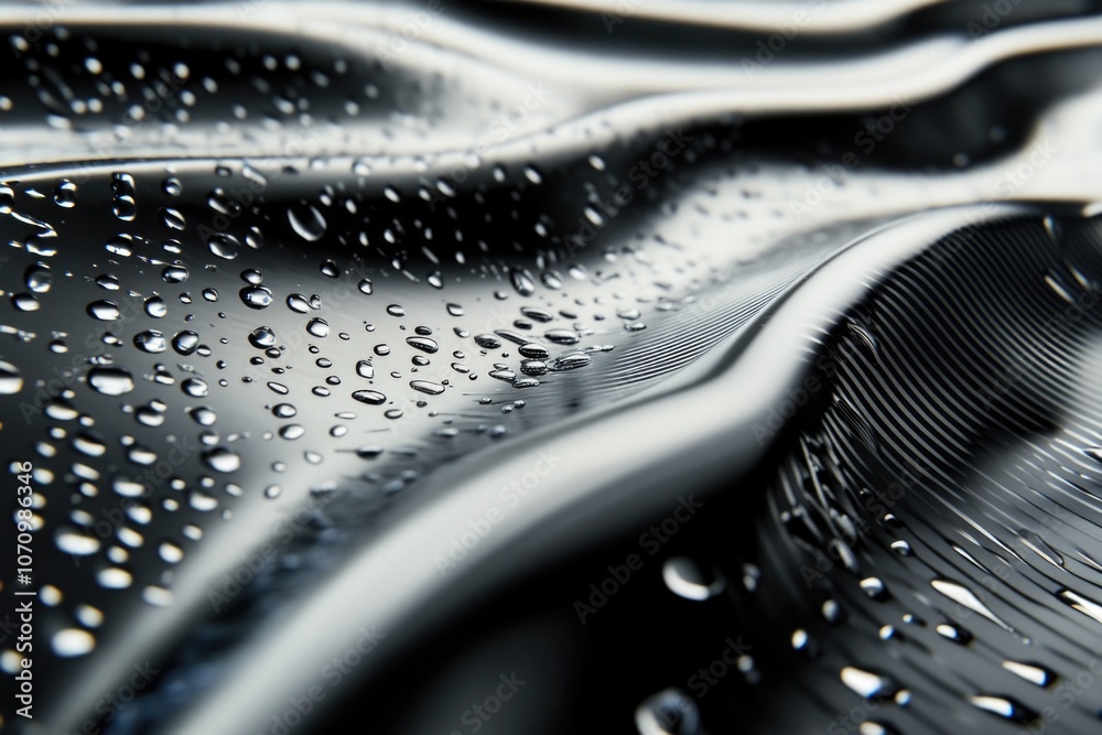 Poster close-up image of water droplets on a black surface, useful for science and technology illustrations