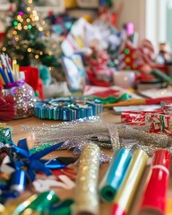 A Christmas craft table filled with supplies like ribbons, glitter, glue, and colorful paper, ready for a fun holiday project.