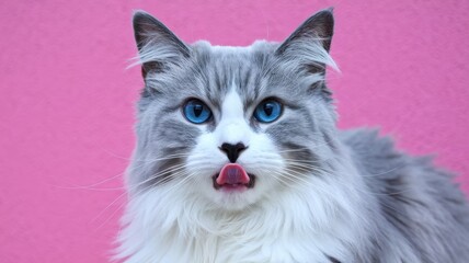 Long-Haired Gray and White Cat with Tongue Out, Blue Eyes Close-Up
