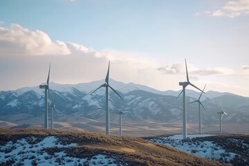 A group of wind turbines are on a snowy mountain