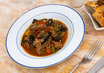 Delicious vegetable stew with minced meat, with gravy, served for dinner