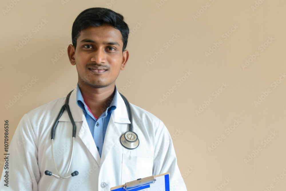 Poster a scientist holds a clipboard, ready to take notes or conduct research
