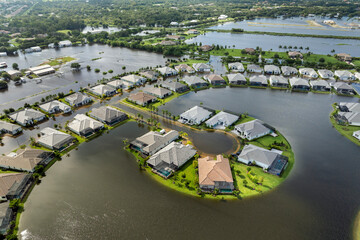 Tropical rainstorm flooded residential homes in suburban community in Florida. Hurricane aftermath