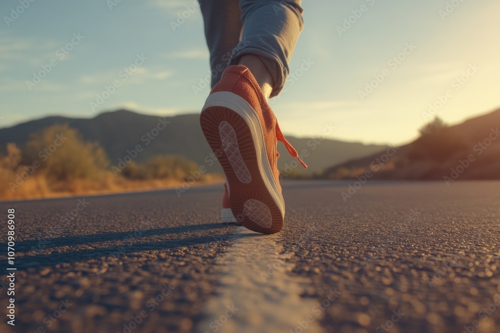 Poster a person walking on a road with a mountain in the background