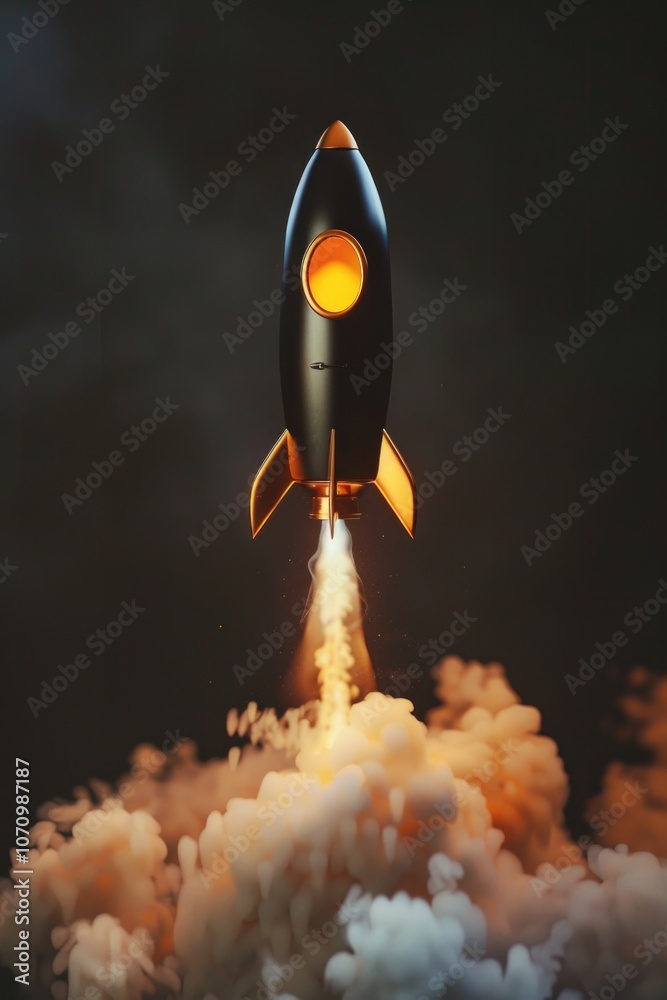 Poster a black and orange rocket blasts off into the sky, with flames and smoke creating a dynamic scene