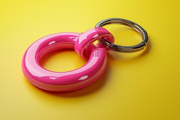 Naklejka premium 3D mockup a neon pink keychain with a unique shape on a yellow background, ideal for quirky accessory branding