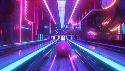 Fototapeta premium Vibrant neon-lit bowling balls on a polished lane in a modern bowling alley, creating a fun atmosphere with LED lighting.