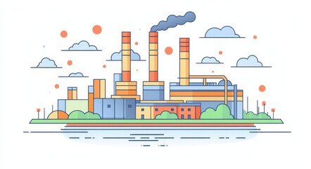 Obraz premium Flat illustration of a nuclear power plant with mountains