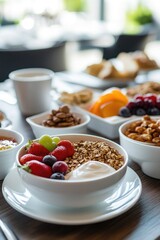 A wooden table covered with various bowls of food