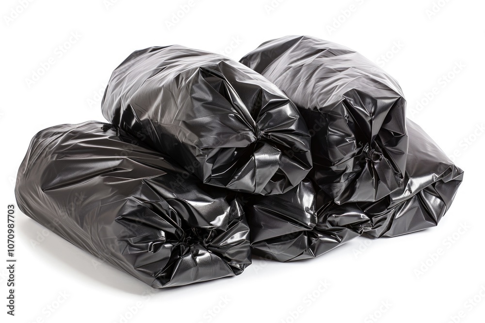 Poster a pile of black garbage bags stacked on top of each other, perfect for use in environmental or recyc