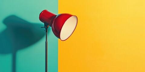 A single red lamp sits atop a vibrant green and yellow wall