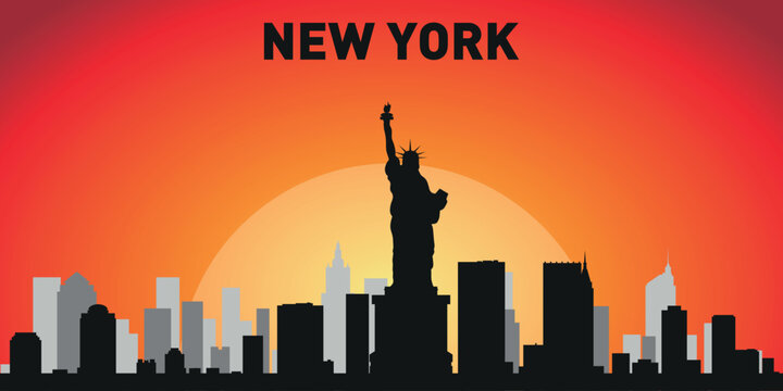 New York city skyline with silhouettes of buildings against the backdrop of a large yellow sun and orange sky. Vector on the background of sunset