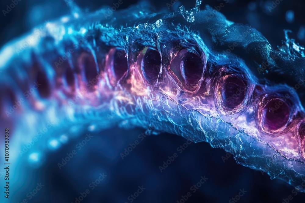 Poster close-up of a cell with a blue background, suitable for science and education use