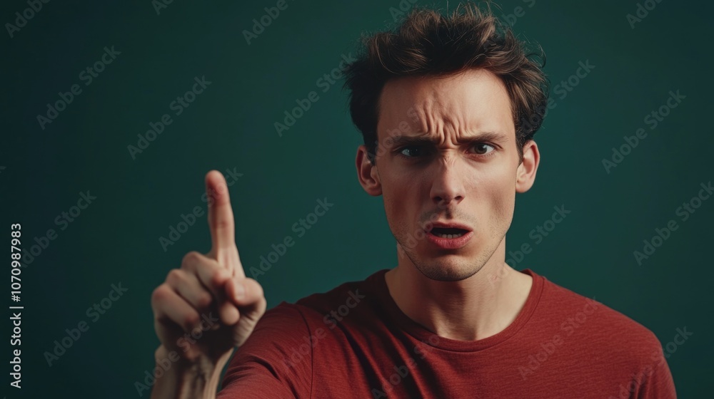 Poster a person in a red shirt gestures towards an unknown object, potentially drawing attention to it