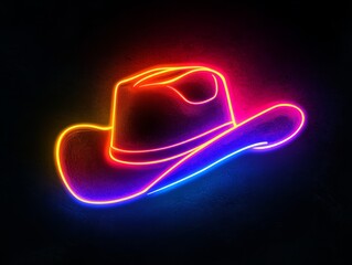 A simple vector logo of an illuminated colorful neon cowboy hat, in a black background