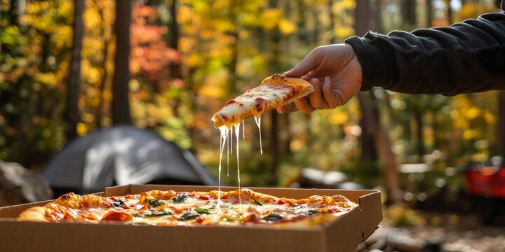 A delicious slice of pizza is being pulled from a box in the great outdoors. Surrounded by colorful autumn trees, this image captures the joy of camping and enjoying food.