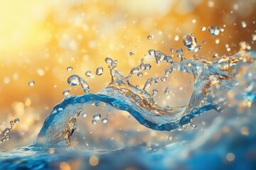 Water splash with golden sunlight, symbolizing freshness and vitality