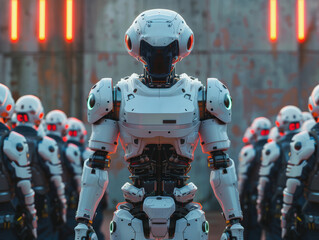 Futuristic Police Robot Leading a Squad of AI Officers