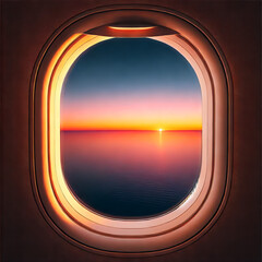 Airplane Window View with Sunset Over Ocean