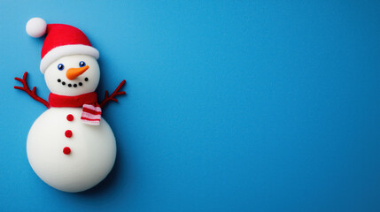 Fototapeta premium Smiling snowman with red scarf and christmas hat on blue background