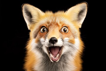 Fototapeta premium Surprised fox with wide eyes and open mouth on black background for animal expression design