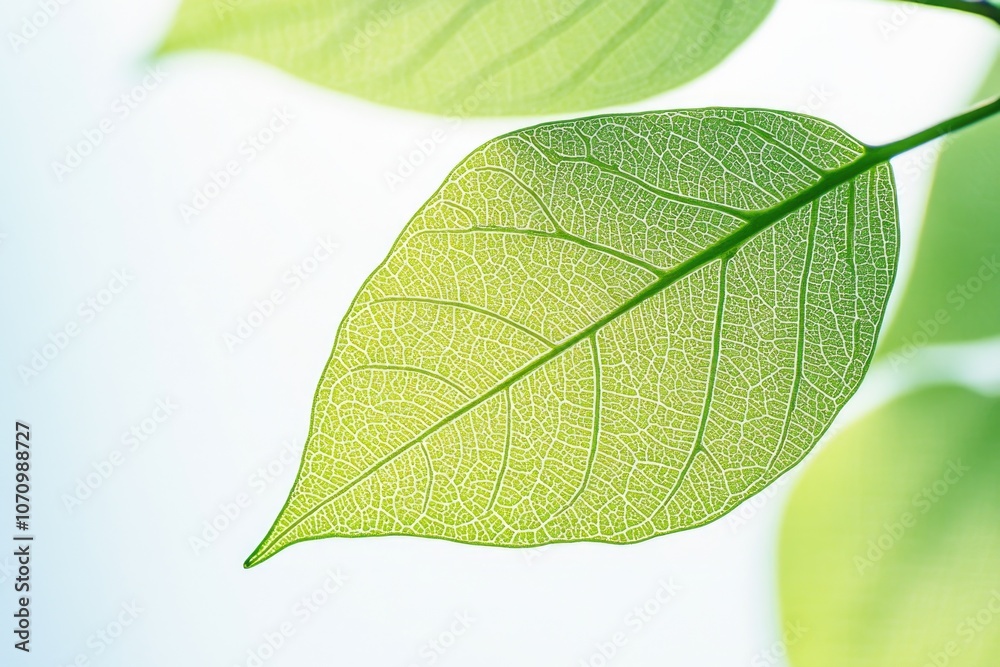 Poster a close-up of a single leaf on a tree branch, with the surrounding foliage blurred out