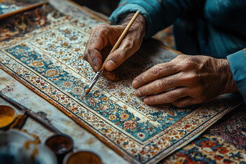 hands painting a Persian miniature on parchment.