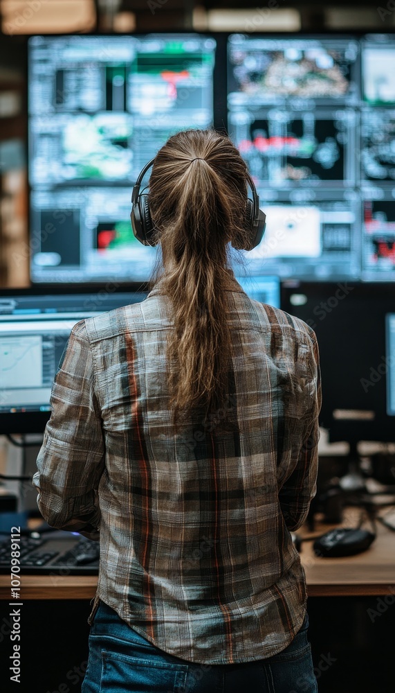 Poster female system administrator working with computers, managing network operations in a data center.