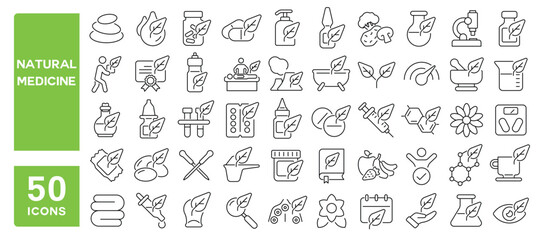 Set of 50 line icons related to natural medicine, alternative, cure, therapy, herbal, pill, pharmacy, science, organic, nature, Editable stroke. Vector illustration