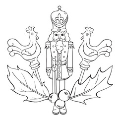 Christmas soldier figure, lollipop cockerel, holly leaves and berries. Isolated ink vector set for winter decoration, card, coloring page, print