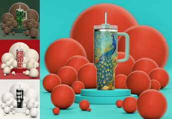 Hyperrealistic Tumbler Mockup with Handle in Studio Composition for Photoshop with Smart Object layer easy to use, Product Presentations and portfolio