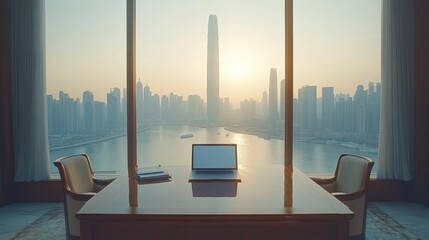 A modern office with a stunning view of the cityscape, a laptop with a blank screen on a desk with two chairs facing the window.