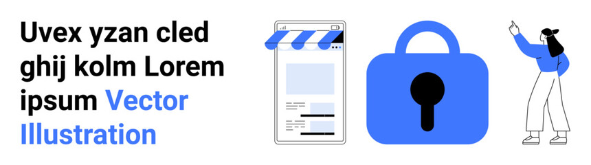 Mobile device with a webpage, a blue padlock symbolizing security, and a person pointing at the screen. Ideal for cybersecurity, online safety, privacy, mobile apps, website protection, user